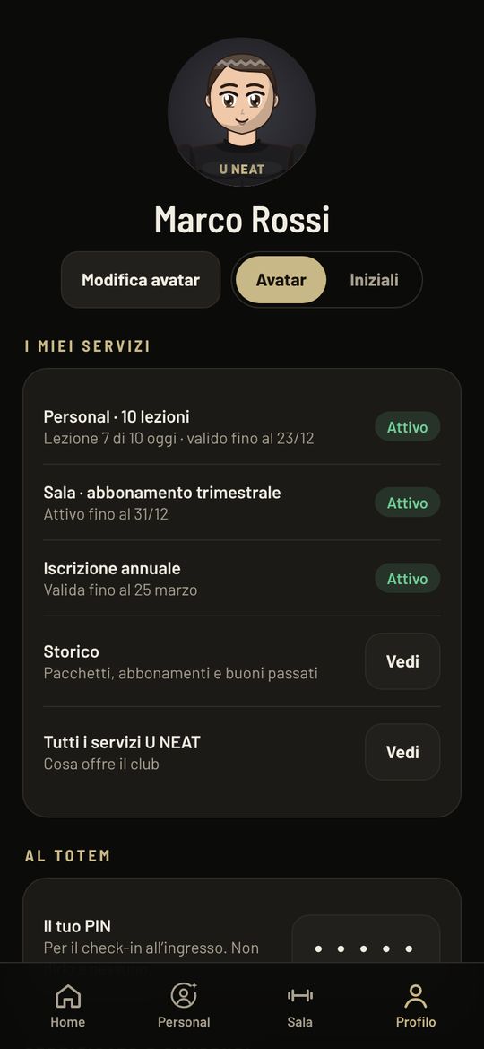 Schermata dell'app U NEAT: I tuoi servizi e il PIN