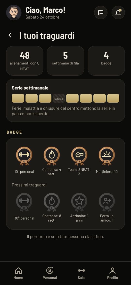 Schermata dell'app U NEAT: Serie e badge